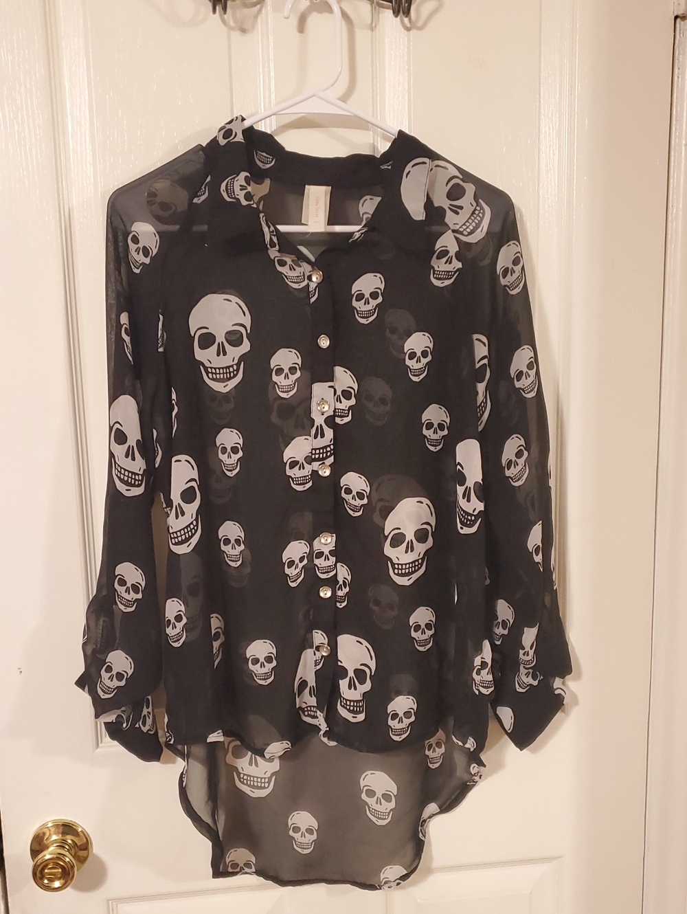 Sheer Black Skull Print button-down blouse By Haley Starr